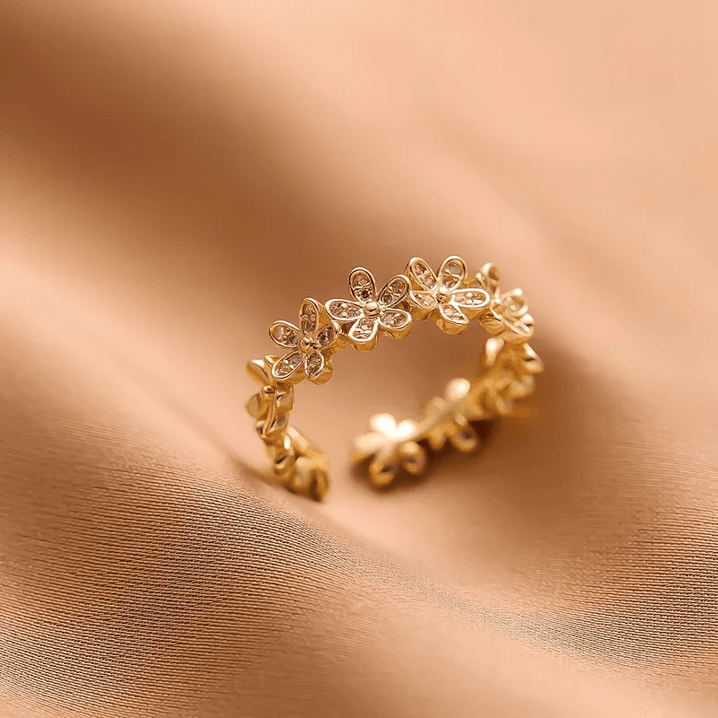 Small Flower With Stones Themed Anti-tarnish Adjustable Ring  view 3
