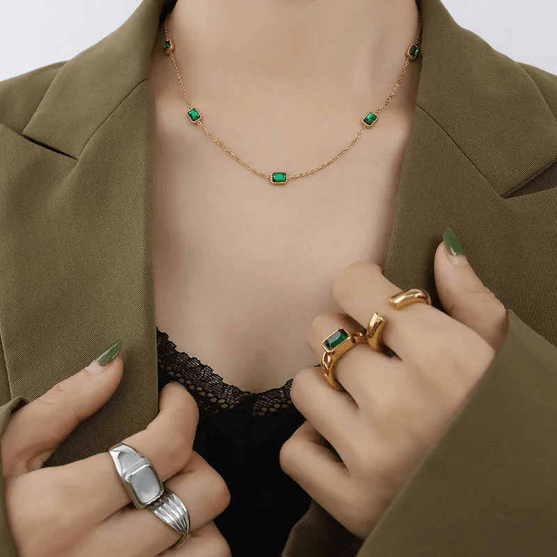 Anti-tarnish Emerald Geometry Charm Necklace  view 2