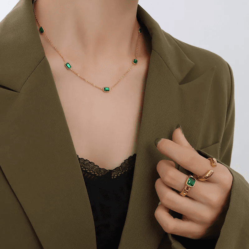 Anti-tarnish Emerald Geometry Charm Necklace  view 3