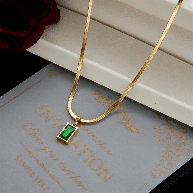 Anti-tarnish Emerald Rectangular Pendant Snake Chain Necklace  view 2