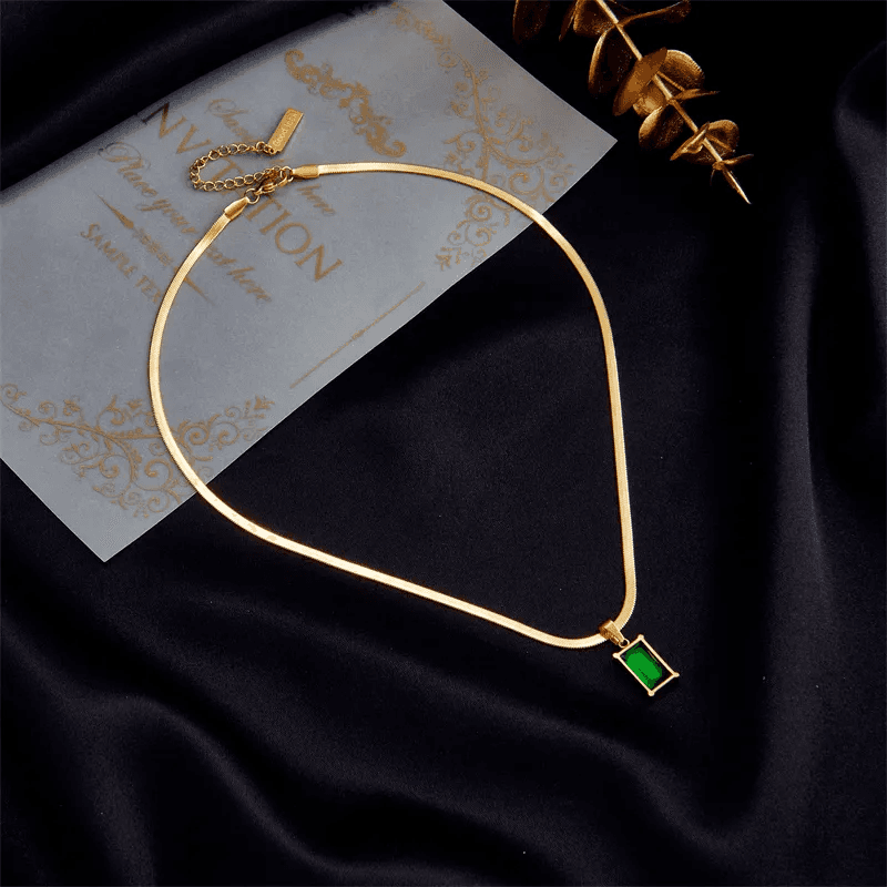 Anti-tarnish Emerald Rectangular Pendant Snake Chain Necklace  view 3