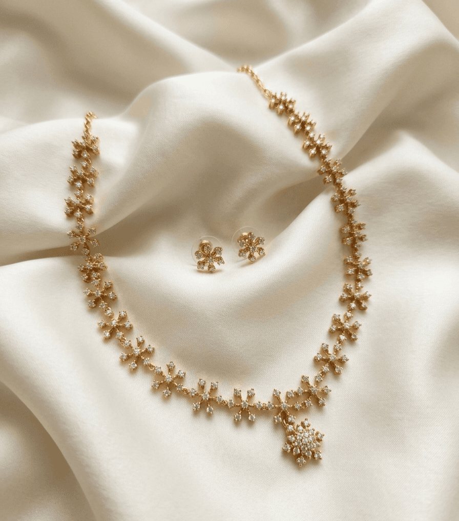 Floral Pattern With Pendant AD Necklace Set
