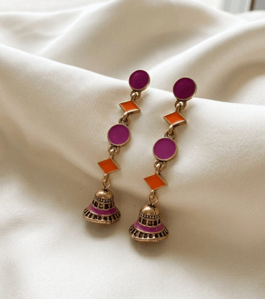 Antique Gold Finish Enamel Geometric Jhumka Earring
