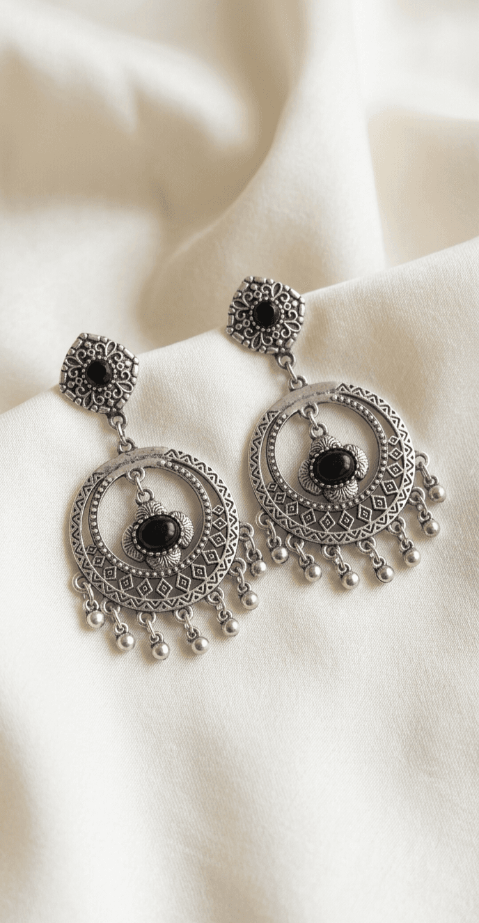 Antique Silver Plated Black Enamel Dangler Earring 