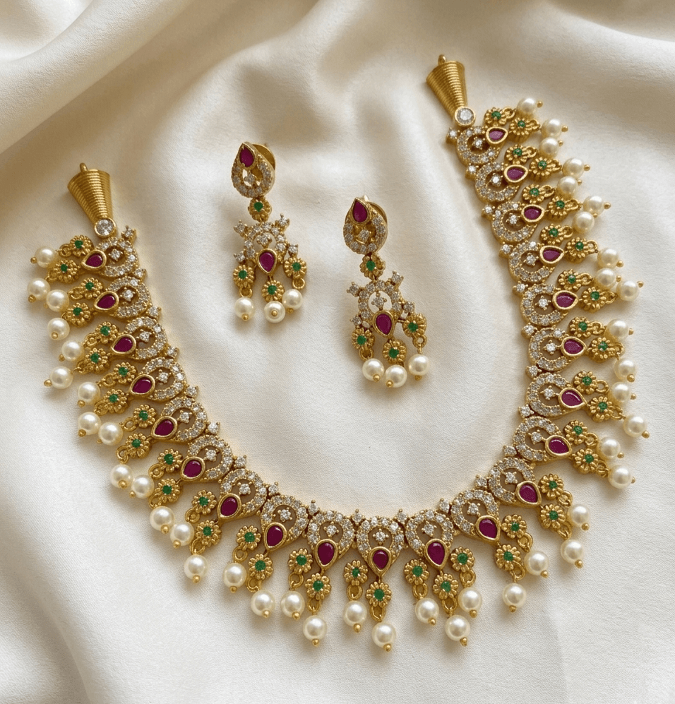 Premium Golden Finished Pearl Hanging AD Necklace 