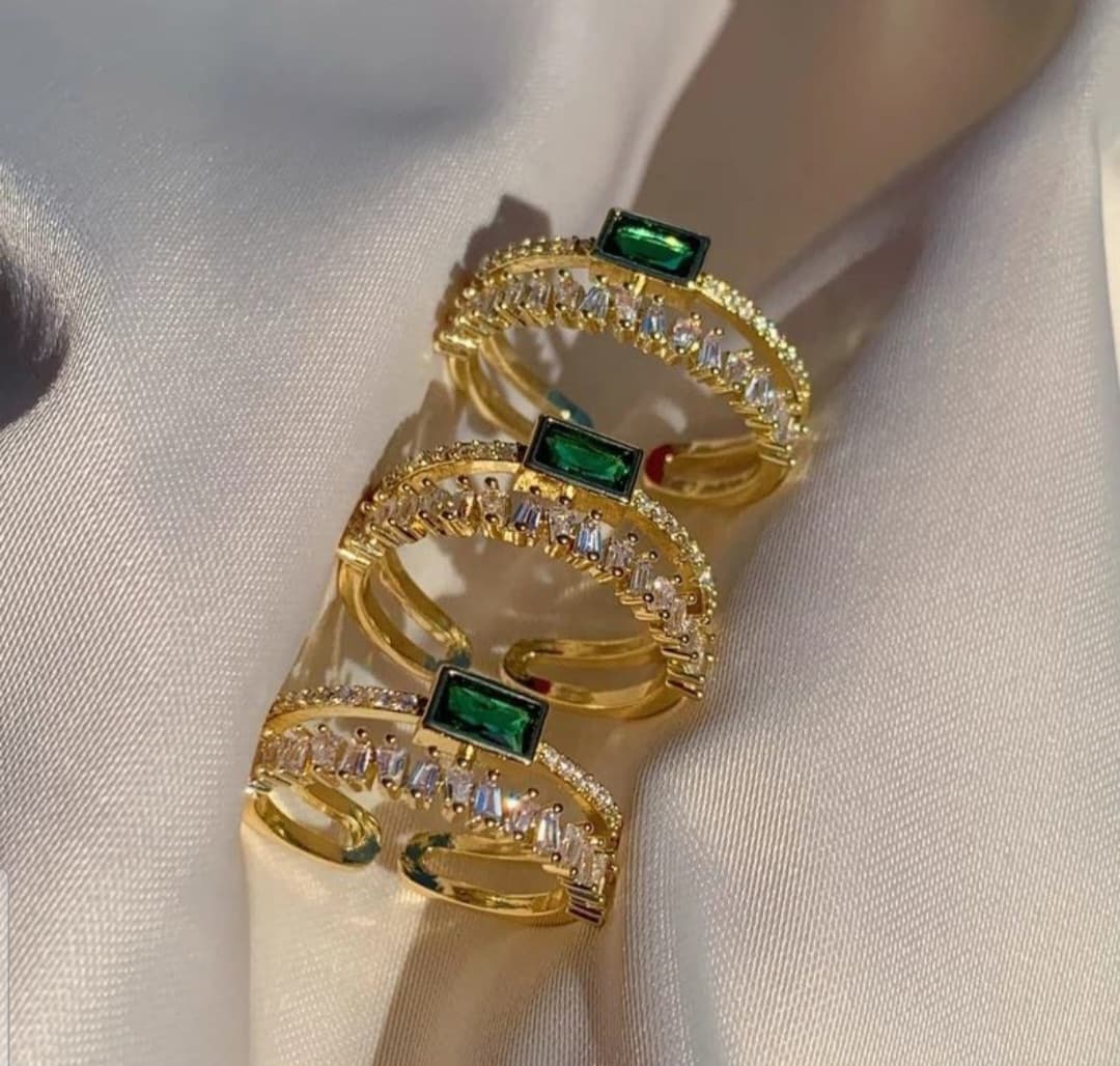 Gold Plated Anti-Tarnish Emerald Studded Adjustable Anti-Tarnish Ring view 6
