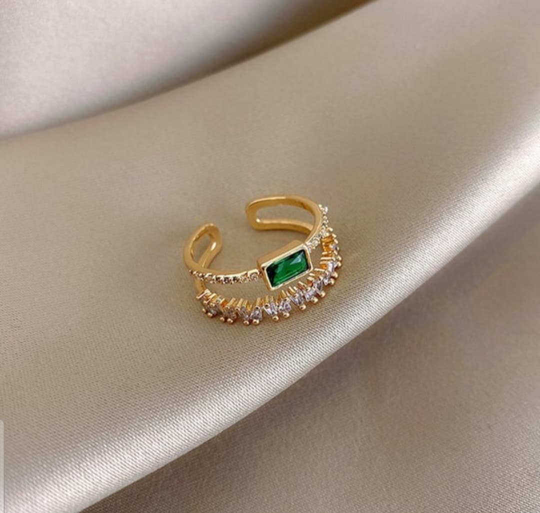 Gold Plated Anti-Tarnish Emerald Studded Adjustable Anti-Tarnish Ring view 4