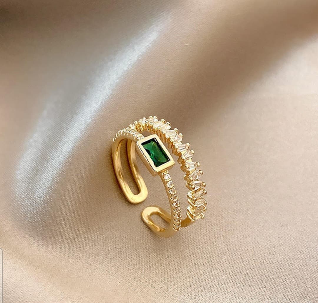 Gold Plated Anti-Tarnish Emerald Studded Adjustable Anti-Tarnish Ring view 2