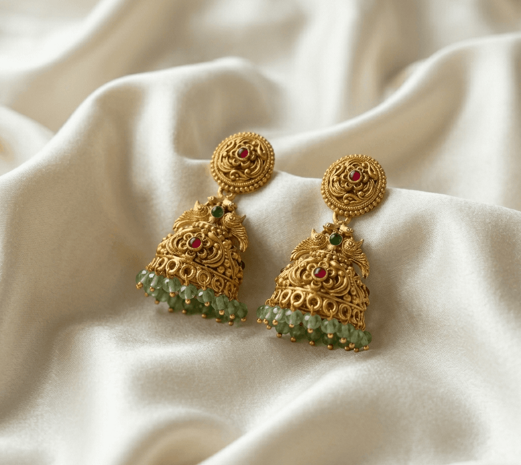 Matte Finish Traditional Jhumka Earrings With Green Bead