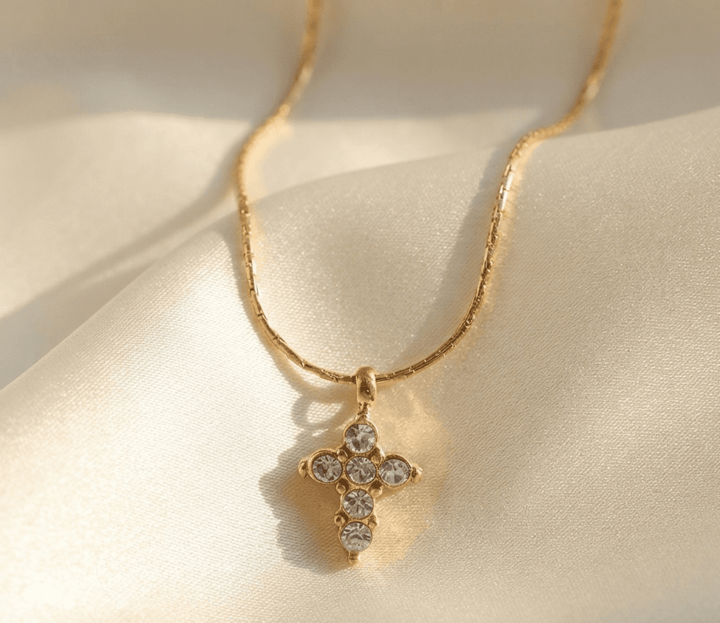 18k Gold Plated Antitarnish Small Stone Cross Necklace