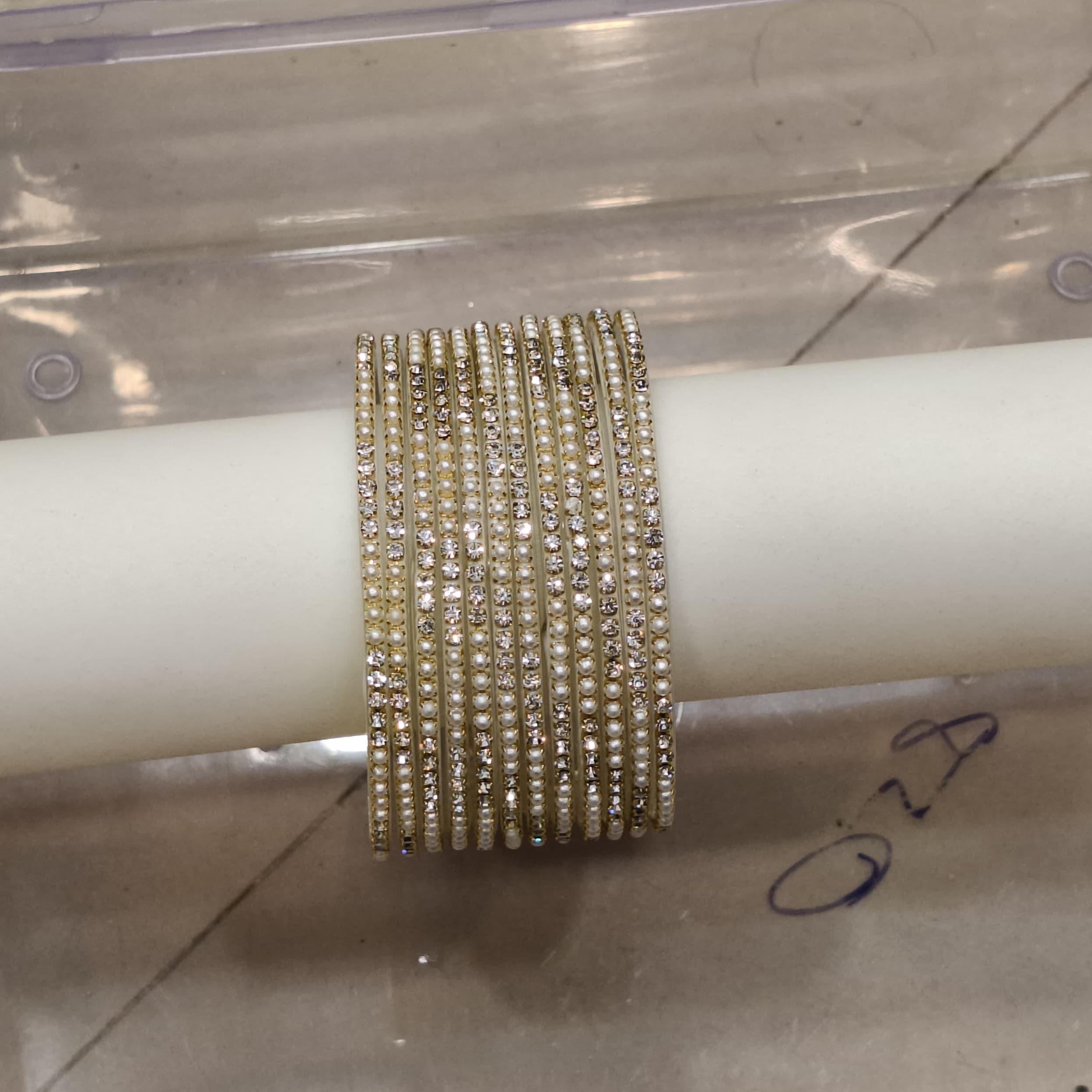 Glass Bangle With Small Pearls And Stones