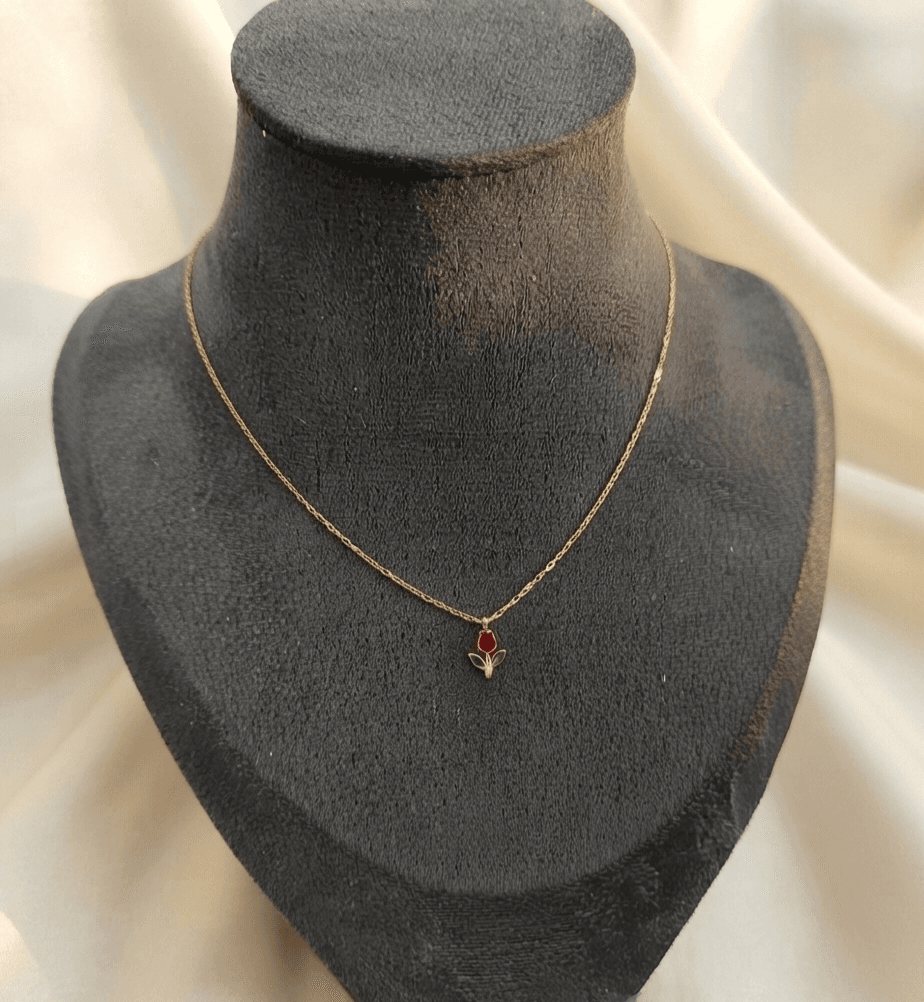 Minimal Red Tulip Pendant Antitarnish Necklace 