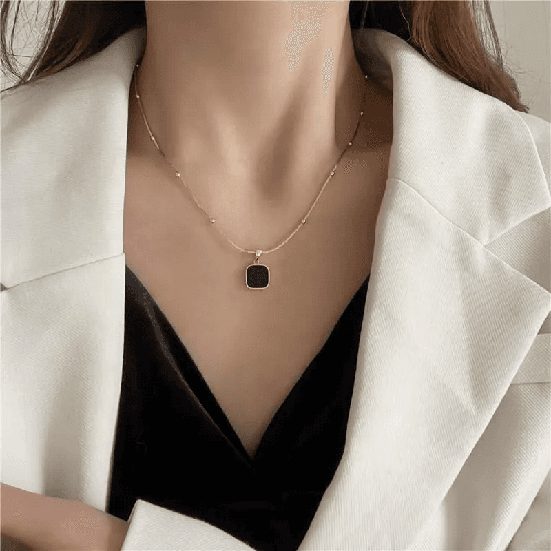 Black Square Pendant Antitarnish Ball Chain Necklace 