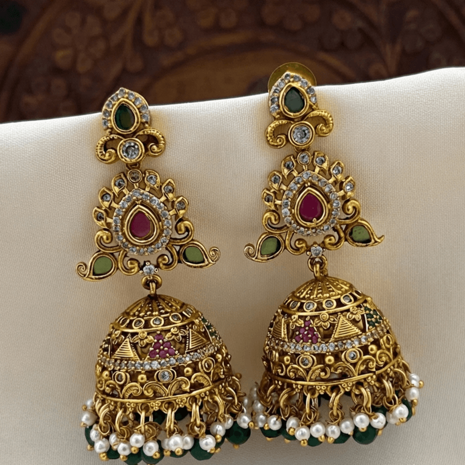 Premium Quality AD zJhumka With Pearl And Green Beads Hanging 