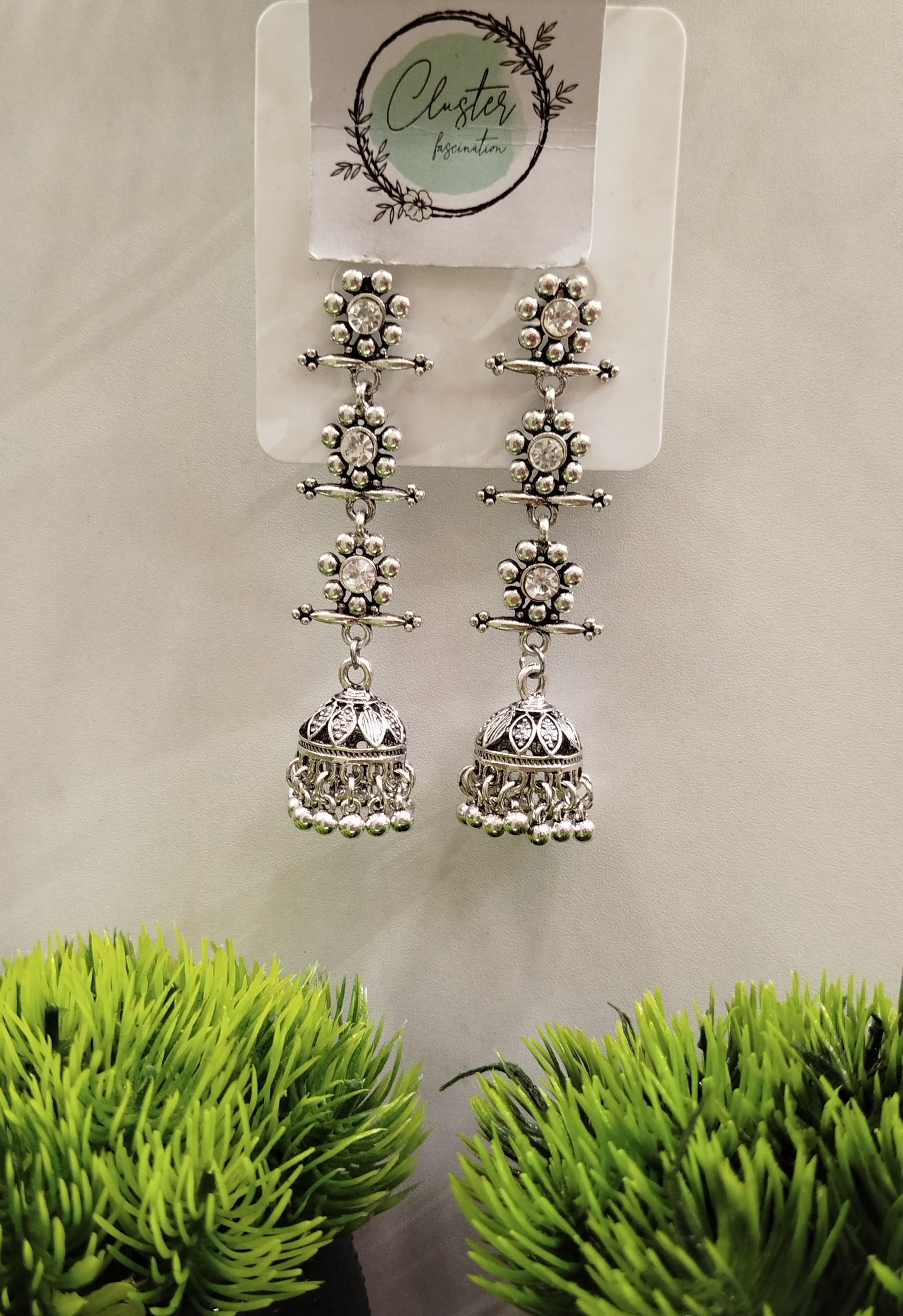 Antique Silver Plated Layered Jhumka With Stones  view 3