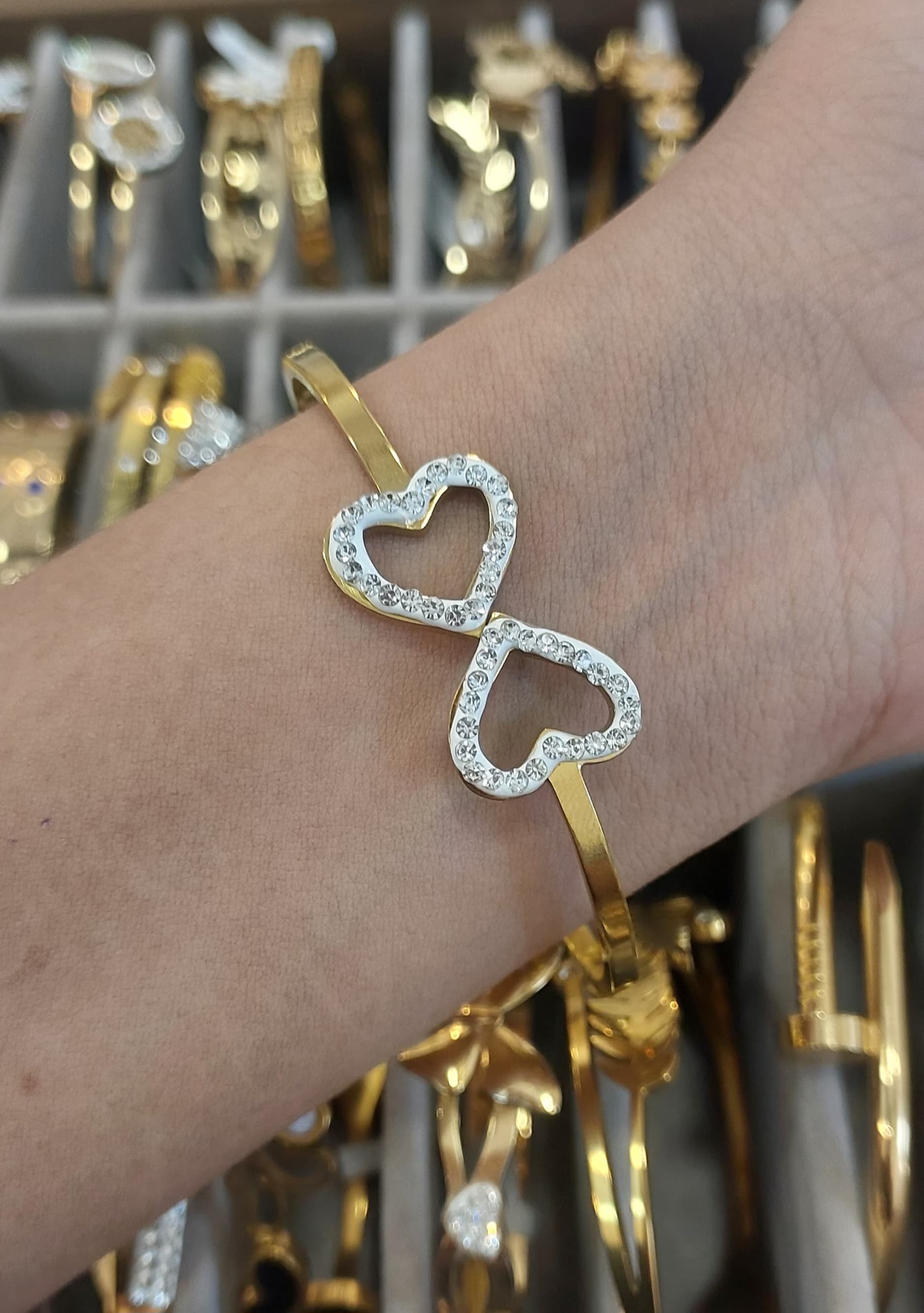 Gold Platef Two Open Heart With Stones Pattern Antitarnish Bangle 